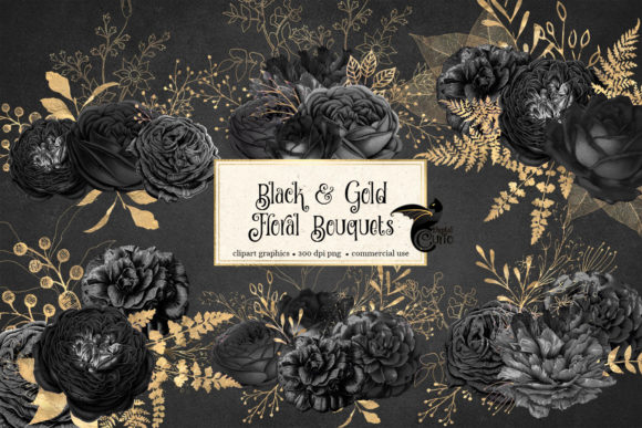 Elevating Creative Projects with Black and Gold Floral Bouquets Clipart