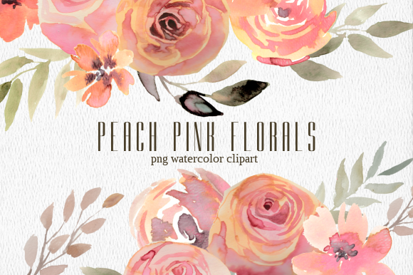 Peach Pink Floral Watercolor Clipart Set for Design